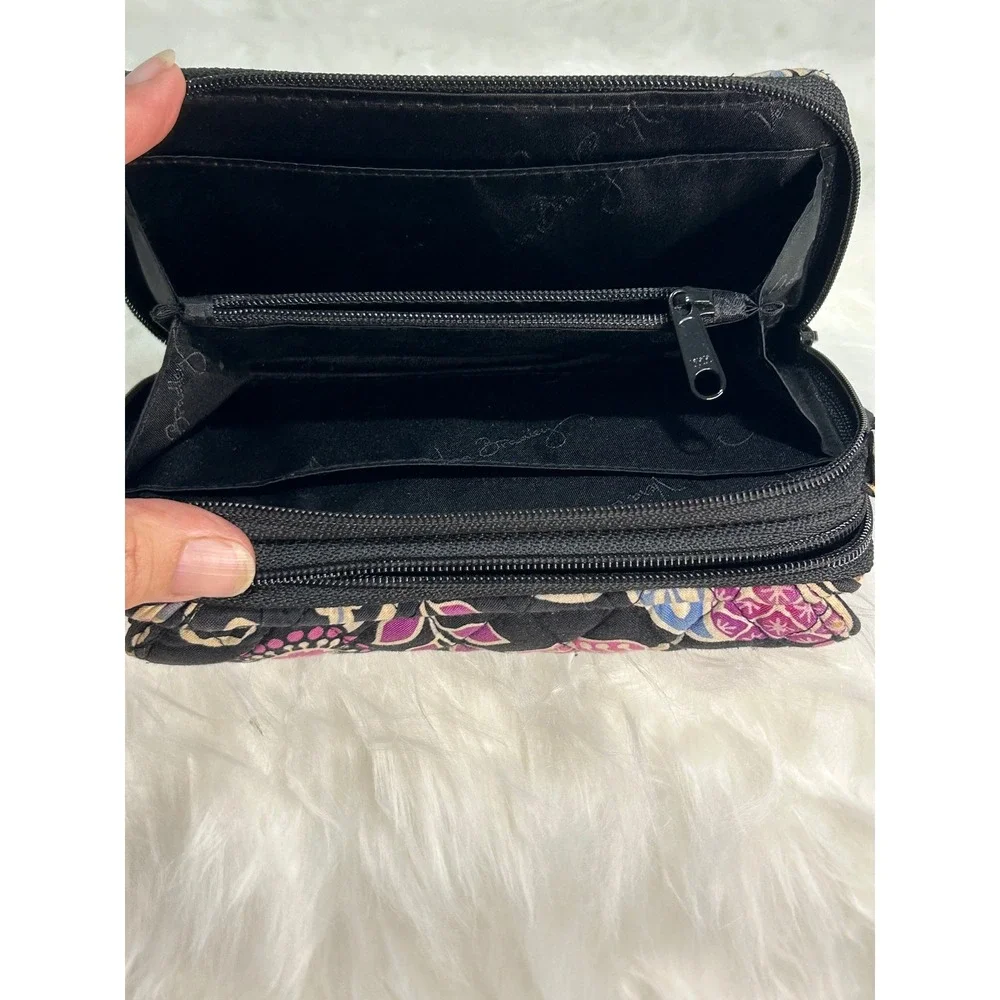 Vera Bradley Quilted Wallet Floral Black Purple Snap Flap‎ Zip Around